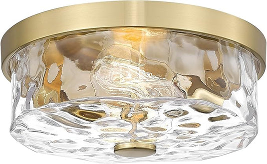 Flush Mount Ceiling Light with Water Ripple Glass Shade, Modern 2-Light Ceiling-Mount Light Fixtures for Bedroom Living Room Gold Metal Farmhous Ceiling Lamp for Lighting and Decoration