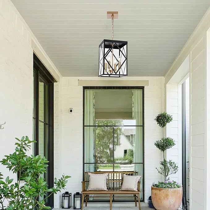 4-Light Outdoor Pendant Lights for Porch 15.7'' Outdoor Chandelier Black & Brushed Brass Exterior Hanging Porch Light Fixtures w/Clear Glass, Waterproof Outside Pendant Lantern for Front Door