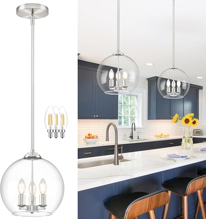 12" Globe Pendant Lights Kitchen Island Glass Globe Pendant Light Fixture Bedroom Mid Century Modern Pendant Lighting Nickel Pendant Light for Kitchen Island Dinning Room (Bulb Incl.)