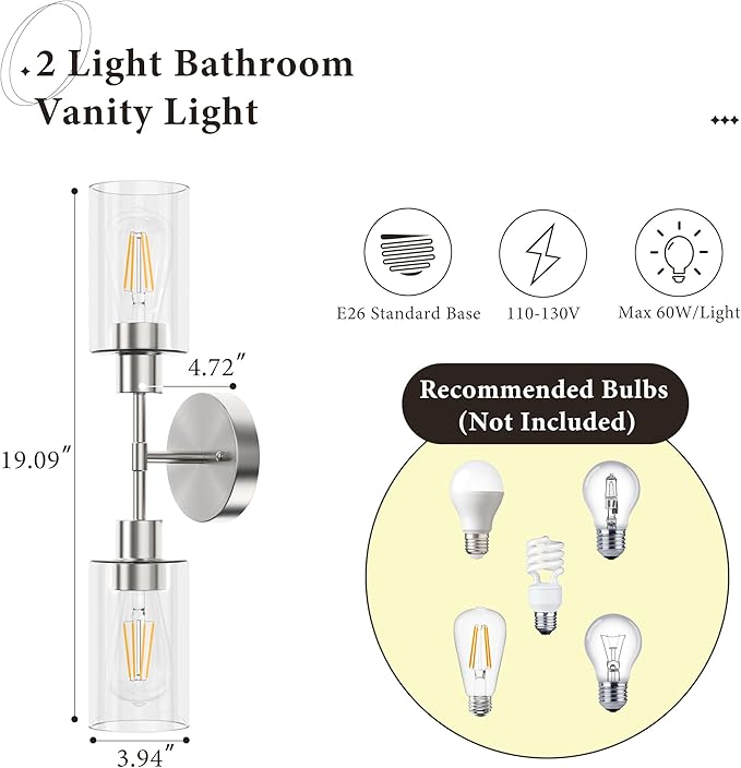 Espird Bathroom Light Fixtures 2 Light Brushed Nickle, Bathroom Vanity Lights Over Mirror, Bathroom Sconces Wall Lighting，Farmhouse Vanity Light, Modern Vanity Lights with Clear Shades