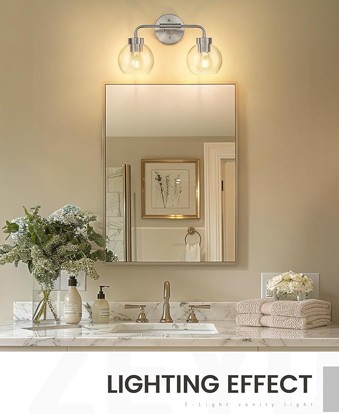 zeyu Modern Bathroom Vanity Lamp, Globe Vanity Light for Bathroom, 2-Light Wall Mirror Light, Brushed Nickel Finish with Clear Glass Shade, ZS62BG-2W BN