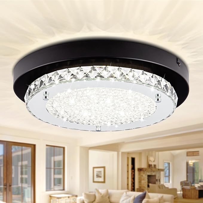 Crystal Flush Mount Ceiling Light Fixture 13 Inch LED Bathroom Ceiling Light Dimmable Black Hallway Light Fixture Round Close to Ceiling Light Small Crystal Chandeliers for Kitchen Launtry 4000K