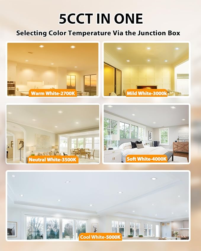 Adetu 12 Pack 6 inch Square Led Recessed Lighting, 5CCT Ultra Thin Square Led Ceiling Light with Junction Box, 14W 1190LM, CRI90, 2700K-5000K Selectable,Dimmable Canless Downlight, ETL and Energy Star