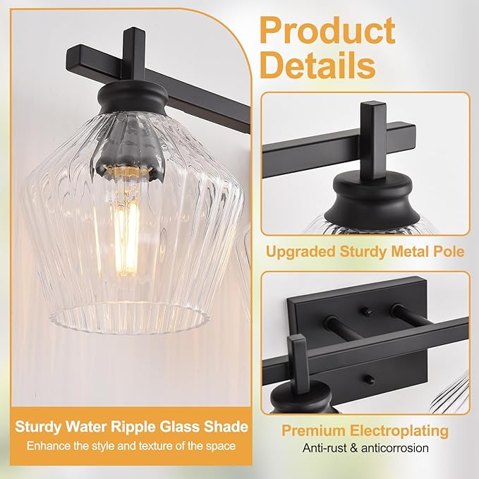 30.35in Modern Bathroom Light Fixtures, 4 Light Vanity Light, Black Wall Lamp with Ribbed Wine Glass Shades, Bathroom Wall Sconce Lamp for Mirror Living Room Bedroom Hallway