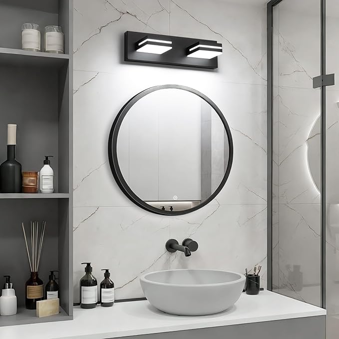 SineRise LED Modern Bathroom Vanity Light Fixtures (2-Light, 15.5-Inch, Dimmable), Matte Black Modern Acrylic Bathroom Wall Lighting Fixtures Over Mirror (Cool White 6000K)