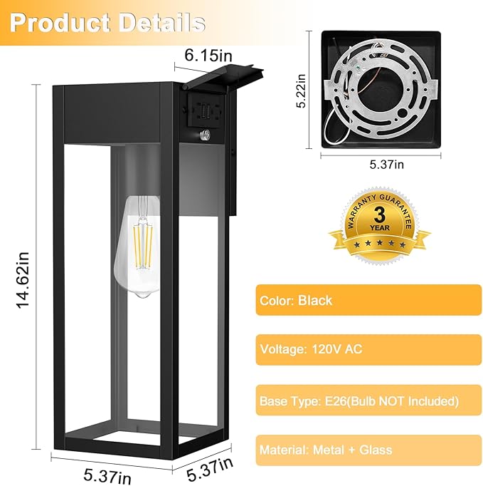 Large Porch Light with GFCI Outlet, 15 Inch Outdoor Light with Outlet Built-in, Waterproof Exterior Light Fixtures Wall Mount, Outside Lights for House Front Door Garage