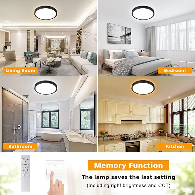 Unicozin Dimmable LED Flush Mount Ceiling Light with Remote Control, Wired 3000K-6000K Color Changing, 8.7Inch 18W(100W Equiv) 1500LM, Round Flat Ceiling Lamp Black for Bedroom, Living Room, Kitchen