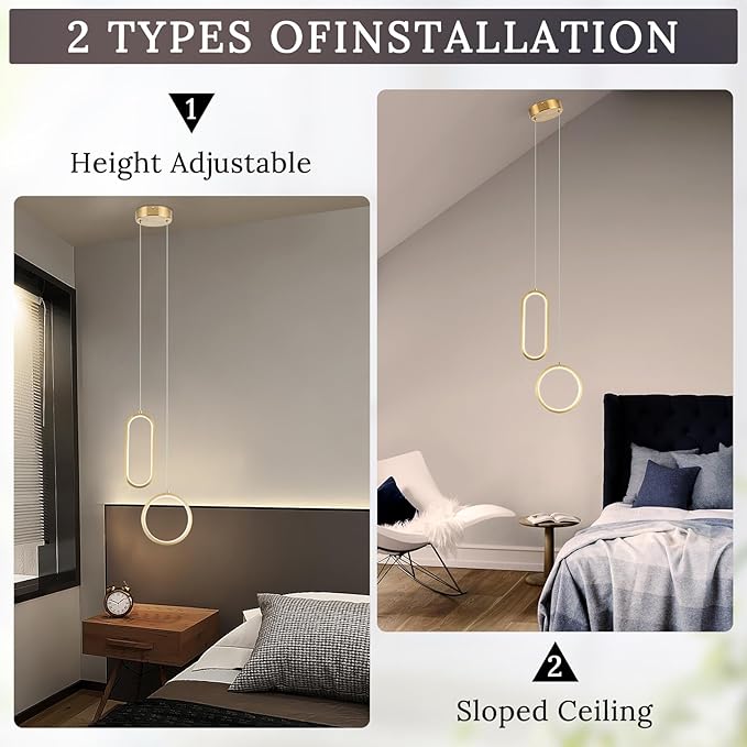 Gold Modern Mini LED Pendant Light with Remote Control, 2 Ring 24W 3-Color Temp Stepless Dimmable Ceiling Hanging Light for Bedroom Kitchen Island Dining Room Foyer Entryway