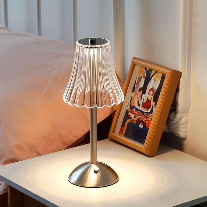Liliful 1 Pcs Cordless Table Lamp Rechargeable Touch LED Small Gold Portable Battery Operated USB-c Desk Lamp 3 Color Dimmable for Bedroom Living Room Dining (Silver,Rose Style)