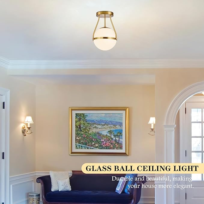 Bagood Globe Semi Flush Mount Ceiling Light Mid Century Modern Globe Ceiling Light Fixture with Milk Glass Shade Brass Finish for Living Room Hallway Kitchen Island Dining Room Laundry (Bulb Incl.)…