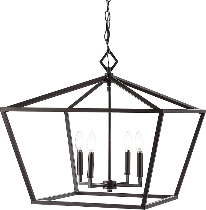 JONATHAN Y 23" Oil Rubbed Bronze 4-Light Rustic Glam Adjustable Iron LED Pendant, Open Cage Lantern Hanging Light for Dining Room, Kitchen Island, Foyer, Farmhouse French Country (JYL7520B)