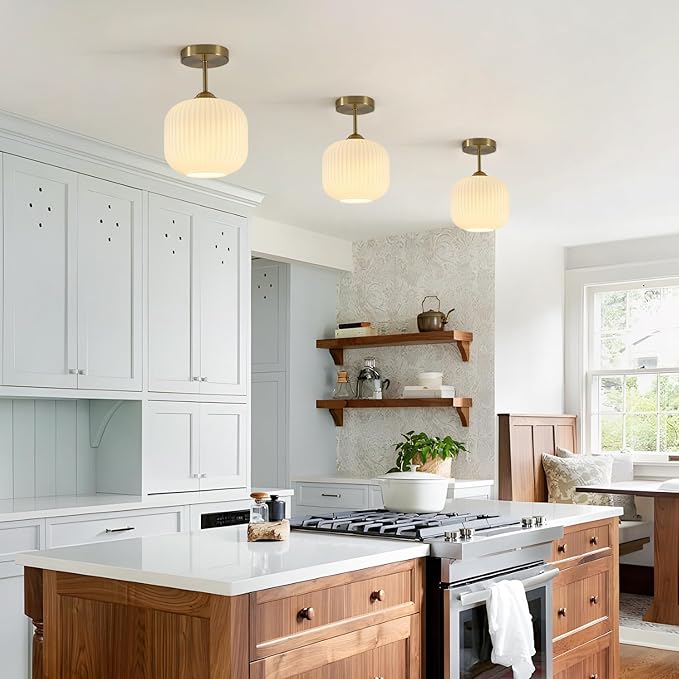 Milk Glass Flush Mount Ceiling Light Small Mid Century Modern Kitchen Lighting Fixtures Vintage Brushed Gold Semi Flush Mount Ceiling Light for Bedroom Hallway (2 Pack)