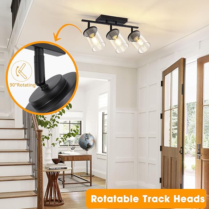 FadimiKoo 3-Lights Semi Flush Mount Ceiling Light, Adjustable Kitchen Light Fixtures Ceiling Mount with Clear Glass Shades, Rotatable Black Track Lighting Fixtures for Hallway, Foyer, Bedroom