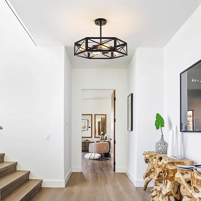 Black Semi Flush Mount Ceiling Lights, Sloped Dining Room Light Fixture Farmhouse Hexagon Chandelier, Kitchen Island Pendant Lighting Adjustable Height for Entryway Hallway Foyer