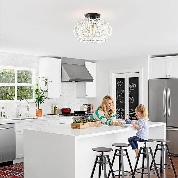 Semi Flush Mount Ceiling Light, Upgraded 12 inch Larger Black Glass Ceiling Light Fixture, Vintage Lighting for Hallway Kitchen Bedroom Dining Room, Bulb Not Included