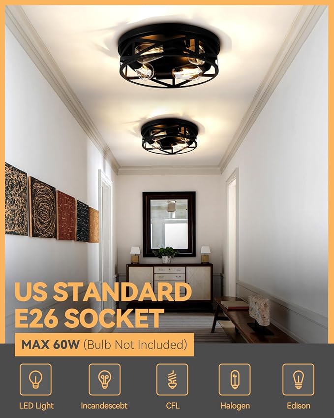 13 Inch Close to Ceiling Light Fixtures, 2 Pack Farmhouse Flush Mount Ceiling Light 4-Lights, Black Metal Cage Semi Flush Mount Ceiling Light for House Hallway Kitchen Bedroom