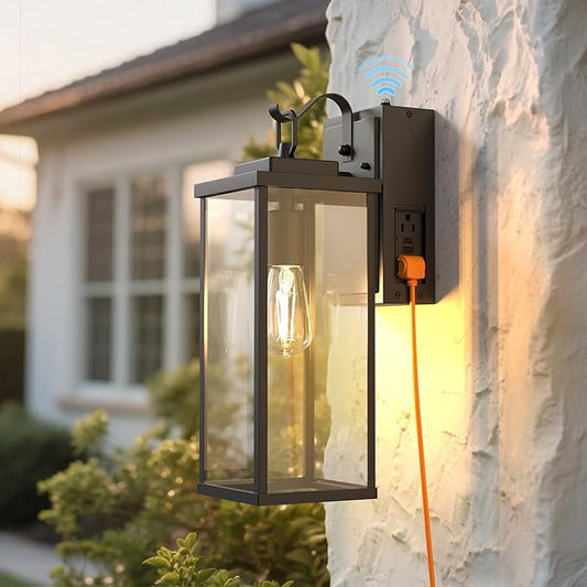 DORESshop Upgraded Dusk to Dawn Outdoor Wall Lights with GFCI Outlets, 16 Inch Matte Black Waterproof Anti-Rust Outdoor Light Fixtures with Clear Glass, Exterior Light Fixtures for Porch, Garage, ETL