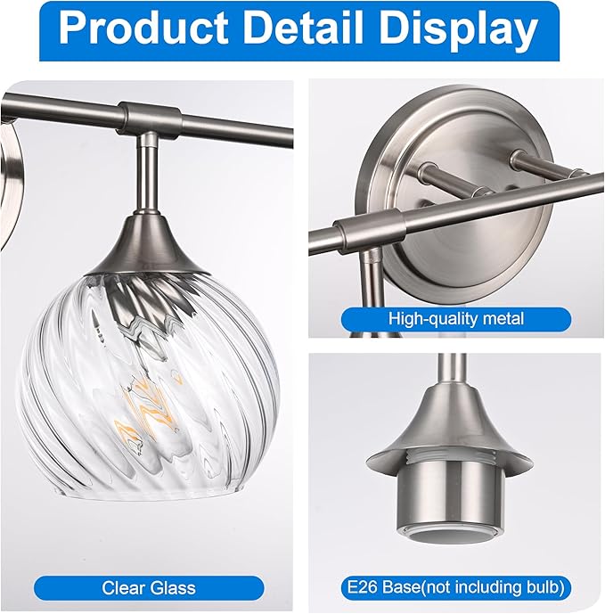 MELUCEE 5-Light Bathroom Lights Over Mirror in Brushed Nickel Finish, Modern Vanity Lights with Clear Striped Swirl Glass Shade Indoor Metal Wall Light Fixtures for Kitchen Powder Room Foyer