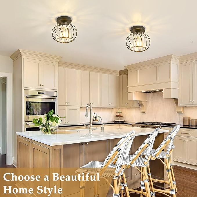Semi Flush Mount Crystal Ceiling Light Pack of 2, Metal Cage Hallway Ceiling Lamps, Farmhouse Ceiling Light Fixture, Industrial Crystal Chandelier for Corridor Bathroom Kitchen (Black, 7.5 Inch)