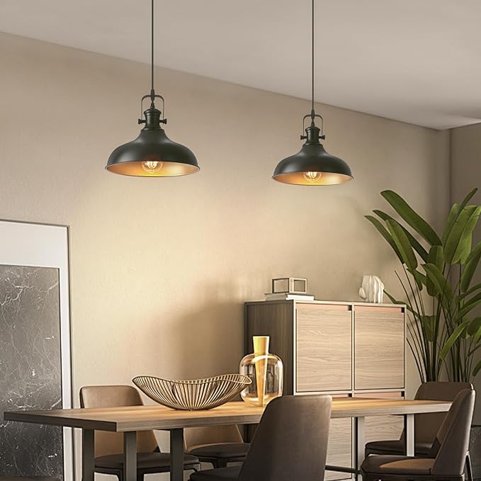 Farmhouse Pendant Lights, 11.4" Black Pendant Lighting for Kitchen Island, 2 Pack Kitchen Island Lighting, Industrial Vintage Hanging Light Fixtures for Barn, Dining Room