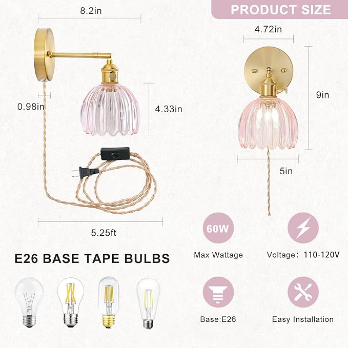 Plug in Wall Sconce, Vintage Sconce Light with Tulip Pink Glass Lampshade, Bedside Wall Sconce with Switch and Plug in Wall Lamp Cord, Gold Wall Light for Bedroom