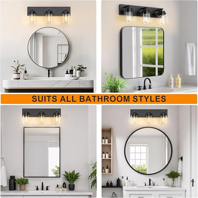 IZORRO Bathroom Vanity Light Fixture, 3-Light 22 Inch Matte Black Bathroom Light Fixtures Over Mirror, with Clear Glass Shade, Modern Farmhouse Vanity Lights, Rustic Restroom Lighting Fixtures