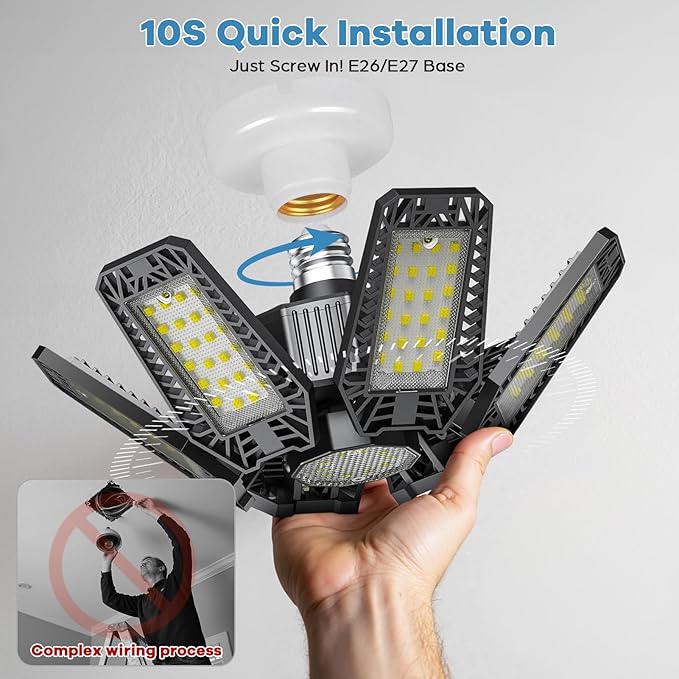 2 Pack Garage Light - 180W 18000 LM 6500K Deformable Garage Lights Ceiling LED with 6+1 Adjustable Panels, Shop Lights E26/E27 Screw Socket for workshops, Parking, Basement, Storage Room