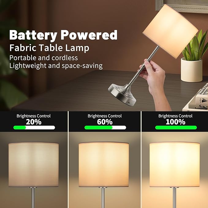 HAPYGI Portable Cordless Table Lamp,Built-in 5200mAH Rechargeable Battery, Dimmable Touch Wireless Light, Bed Side Metal Desk Lamp，Restaurant/Bedroom/Bar/Coffee/Night Light (Brushed Nickel)