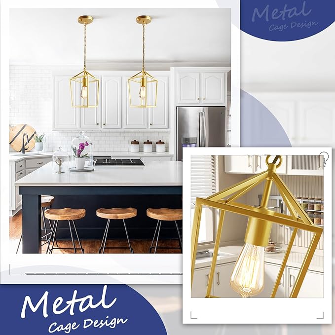 2-Pack Gold Pendant Lights Kitchen Island, Modern Mid Century Light Fixtures Hanging Lamp for Kitchen, Farmhouse Kitchen Pendant Lighting Over Island, Metal Cage Design