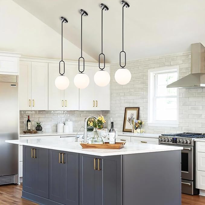 Modern Black Globe Pendant Light Milky White Globe Glass Shade Adjustable Rods Hanging Ceiling Light Fixtures for Kitchen Island Living Room