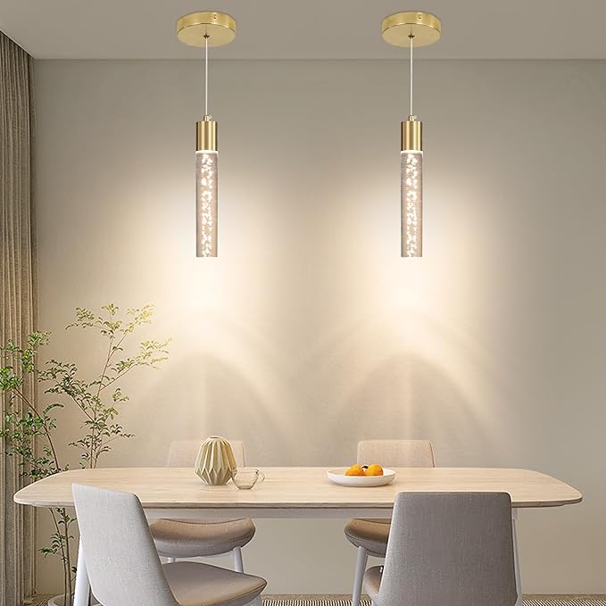 3 Pack Modern Kitchen Island Hanging Light, Gold LED Pendant Lights Fixture, Bubble Acrylic, 3 Color Temperatures, Mini Ceiling Chandelier Lighting for Dining Room, Bedroom, Foyer Entrance, Cafe Bar