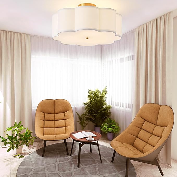 17.7" Semi Flush Mount Ceiling Light Fixture, 3-Light Modern Close to Ceiling Light with Fabric Flower-Shaped Shade, Light Fixtures Ceiling Mount for Bedroom Nursery(Gold)