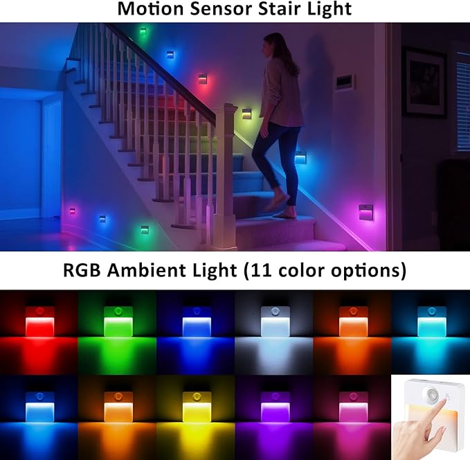 Guankai 16 Pack Rechargeable Motion Sensor Stair Light for Indoor, RGBW Battery Operated Closet Lights, Stick On Night Lamp, Motion Activated Magnetic Lighting Lamps for Step,Cabinet,Hallway,Bathroom