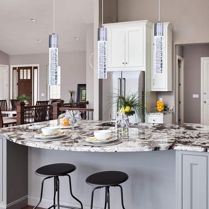 HAIXIANG Modern Kitchen Island Hanging Light Fixtures Crytstal Pendant Lighting for Kitchen Island Chrome Mini Chandelier with 6000K Daylight Bulb