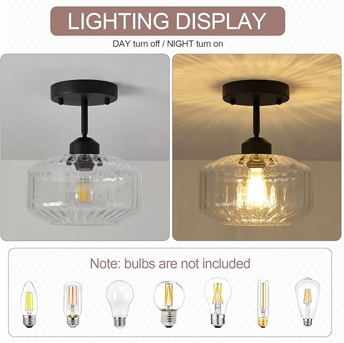 TeHenoo Modern Sloped Ceiling Light, Ribbed Clear Glass Flush Mount for Entryway, Hallway,Vaulted Ceiling,Matte Black