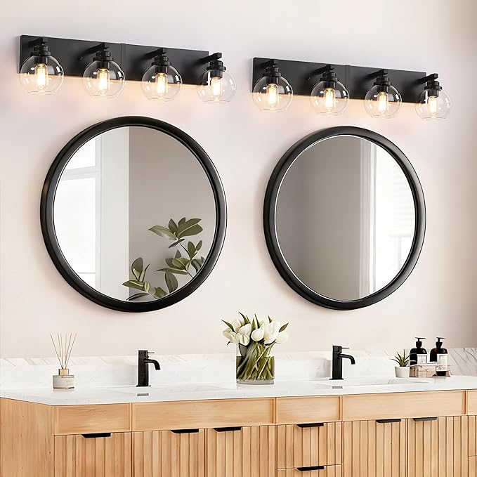 LmnLvn Bathroom Light Fixtures, 4-Light Matte Black Vanity Lights, Modern Bathroom Lighting Fixtures Over Mirror, Farmhouse Vanity Lights with Glass Shade for Living Room, Bedroom, Hallway