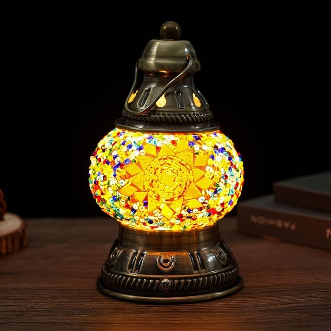 Upgraded Rechargeable Turkish Mosaic Lamp - Handmade Moroccan-Style Camping Light with 1800mah Battery, USB Power Bank, Touch Switch & 3 Brightness Levels, 10.5cm Lampshade Sizes