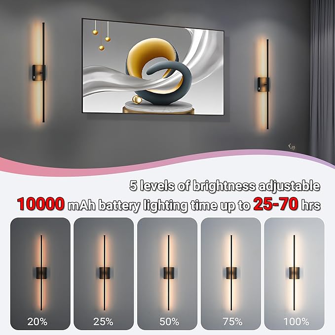 31.5 inch Battery Operated Wall Sconce Set Of 2, 10000mAh Rechargeable Wall Light With Remote Control, RGB Dimmable Wireless Sconces Wall Decor For Bedroom Living room Hallway, 360°Rotate, Black