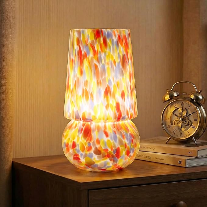 9.8 Inch Mushroom Table Lamp, UL Listed Dimmable Small Desk Bedside Lamp with Woven Beige Cord, Handcrafted Pattern, Murano Home Decor for Bedroom, Living Room, Pastel Confetti, No Bulb Included
