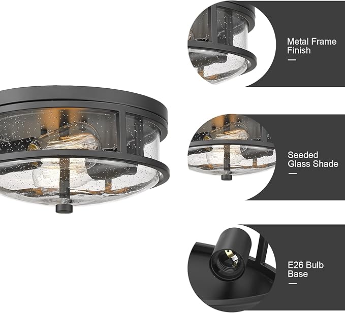 Flush Mount Ceiling Light Fixture, 12 Inch 2-Light Modern Farmhouse Semi Ceiling Light with Seeded Glass for Bedroom, Entryway, Kitchen, Hallway, ROS88 BK