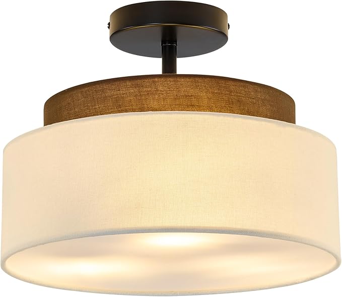 13" Double Drum 3-Light Semi Flush Mount Ceiling Light Fixture Farmhouse Fabric Chandelier with Linen Shade Rustic Black Ceiling Lamp for Bedroom Kitchen Dining Room Hallway Entryway