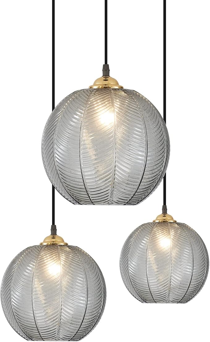 KCO Lighting 3-Lights Smoke Gray Glass Pendant Light Black Globe Round Cluster Chandelier Mid-Century Modern Multi Light Pendant Lighting Nordic Kitchen Island Light Fixture