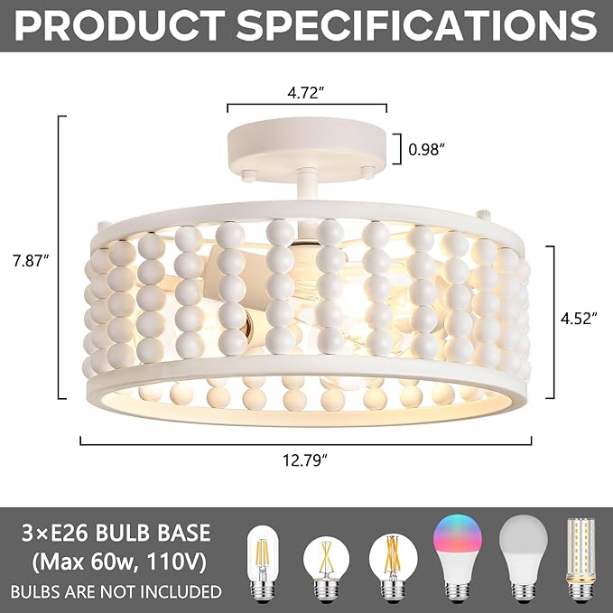 Luupyia White Beaded Boho Ceiling Light 3Lights, 12.79inches Wooden Bead Ceiling Light Fixture Mini Bohemian Chandelier Coastal Semi Flush Mount Overhead Lighting for Bedroom Hallway, E26