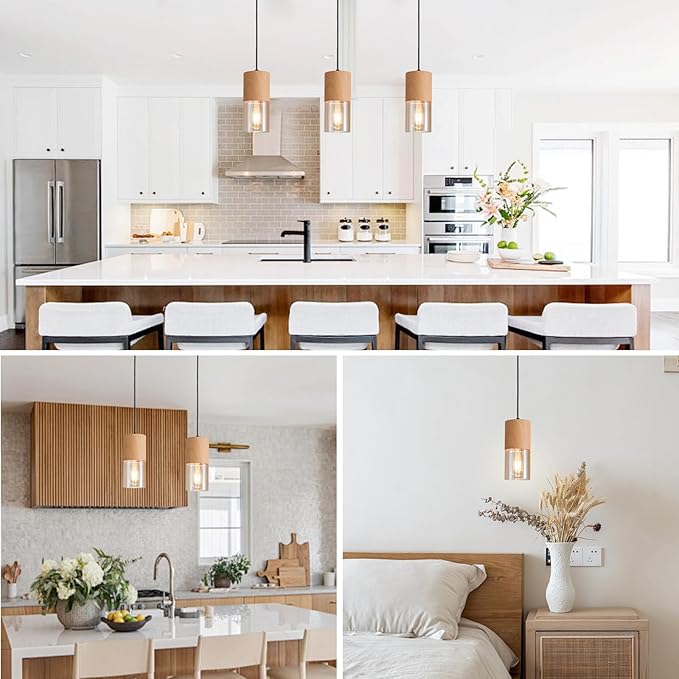 2-Pack Gold Pendant Lights for Kitchen Island, Adjustable Modern Pendant Light Fixtures with Raw Wood Grain, Industrial Amber Glass Pendant Lights for Dining Table Hallway Bedroom Living Room