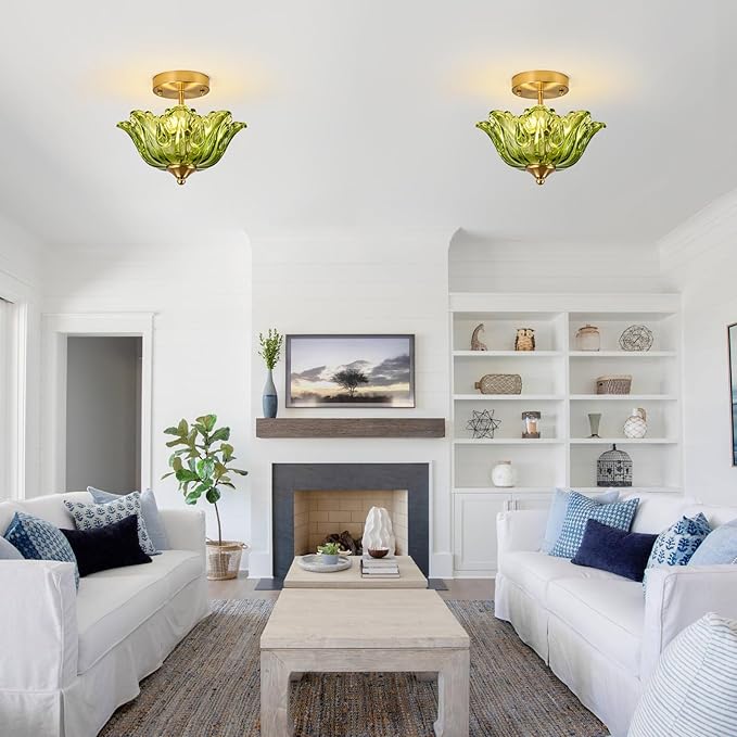 Semi Flush Mount Ceiling Light, Gold Vintage Light fixtures with Floral Green Glass Shade, Modern Close-to-Ceiling Lighting for Bedroom Kitchen Living Room Hallway