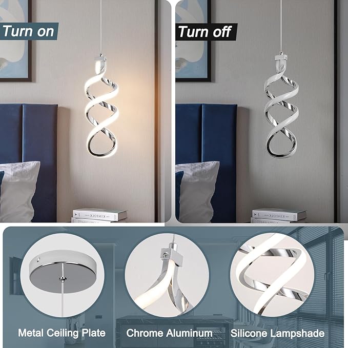 Modern Led Pendant Light Fixture, 15W Chrome Spiral Led Chandelier Hanging Lamp, 3000K-6000K, Dimmable Pendant Lamp, Adjustable Height Pendant Light for Kitchen Island Dining Room Bedroom Cafe