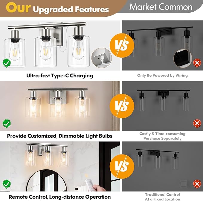Battery Operated Wall Sconce, 3-Light Dimmable Rechargeable Vanity Light Fixture with Remote & Bulbs, 3-Light Silver Wireless Indoor Non-Hardwired Wall Lamp for Bedroom, Living Room, Cabinet, Porch