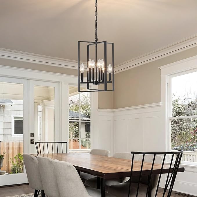12.79" Black Chandelier 8-Light Modern Farmhouse Chandeliers for Dining Room Light Fixture Rustic Adjustable Pendant Light Fixtures Vintage Chandelier for Foyer Kitchen Entryway Living Room E12