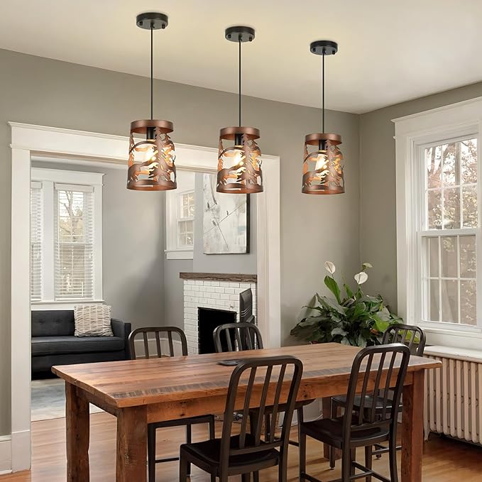 2 Pack Rustic Bear Pendant Lights, 1-Light Brushed Bronze Round E26 Base Cage Metal Fixture Adjustable Hanging Height for Kitchen Island, Hallway, Dining Room, Foyer(No Bulb Included)