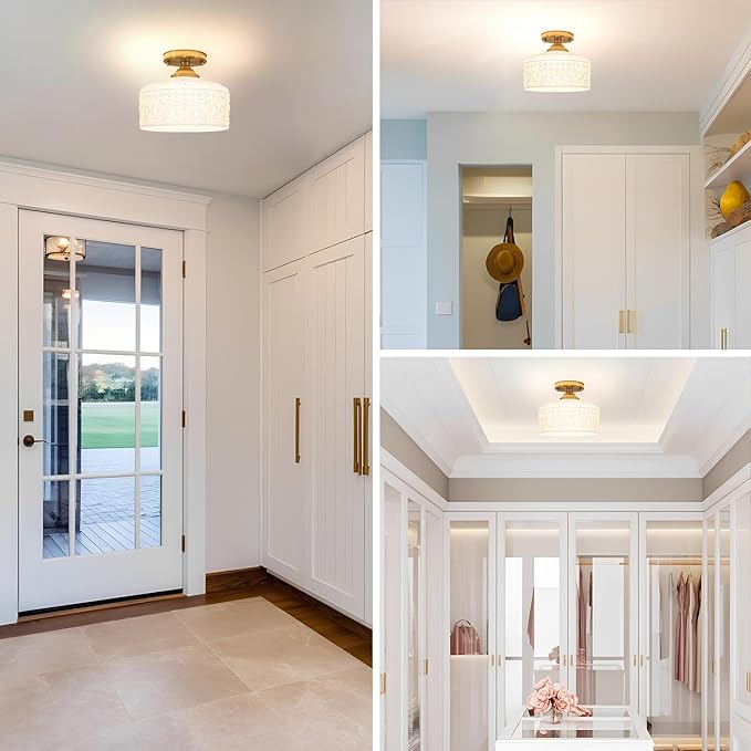 Artistic Gold Handcrafted Semi Flush Mount Ceiling Light - 12 Inch Vintage White Glass Shade with Etched Patterns, Easy Install Small Ceiling Light Fixture for Hallway, Kitchen, Bedroom